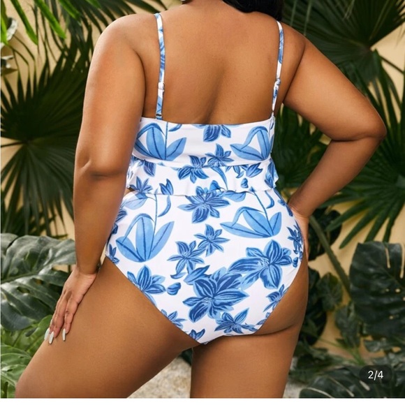 Blue and White Leaf Print Bikini - Picture 2 of 4